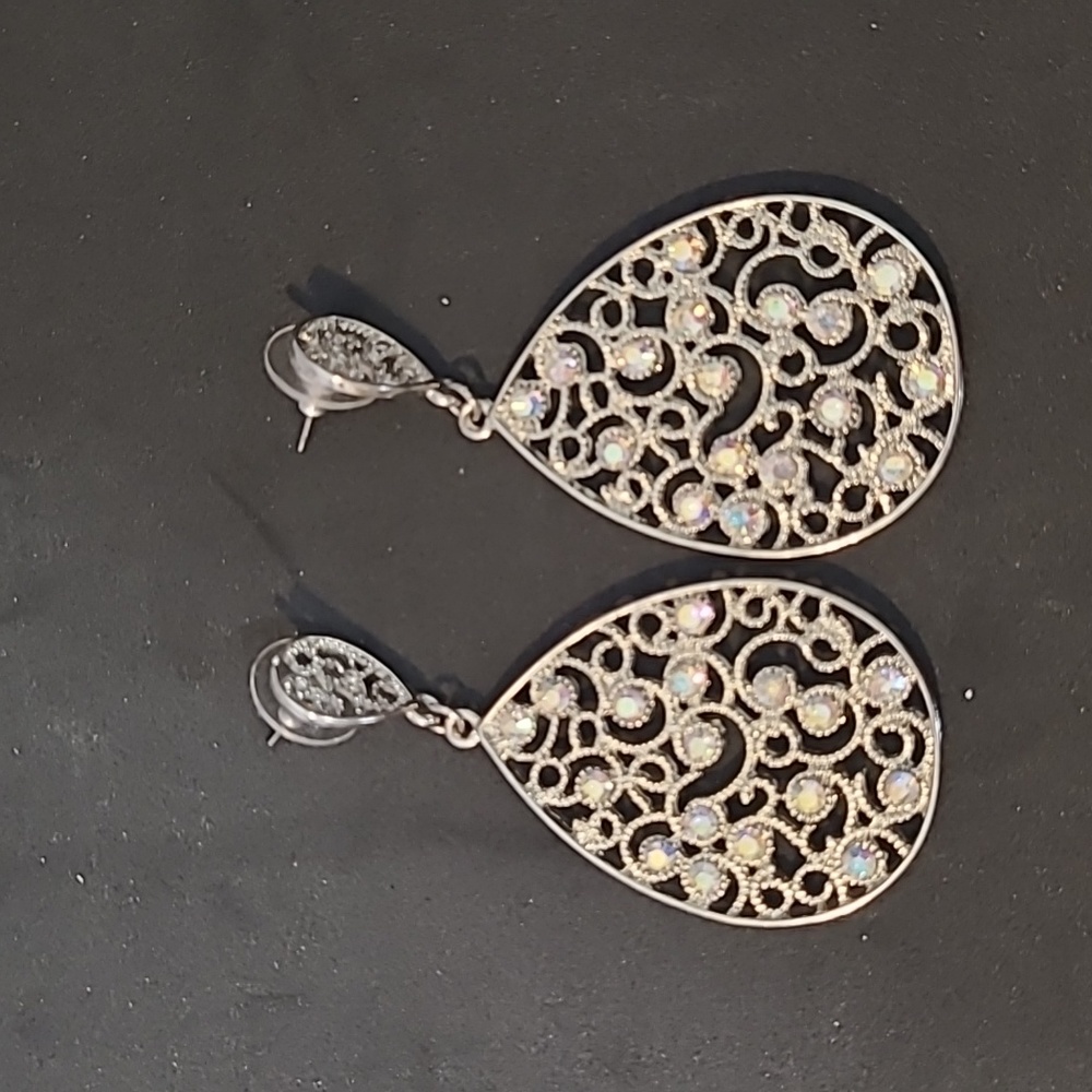 Silver Rhinestone Large Teardrop Post Pierced Fashion Costume Earrings